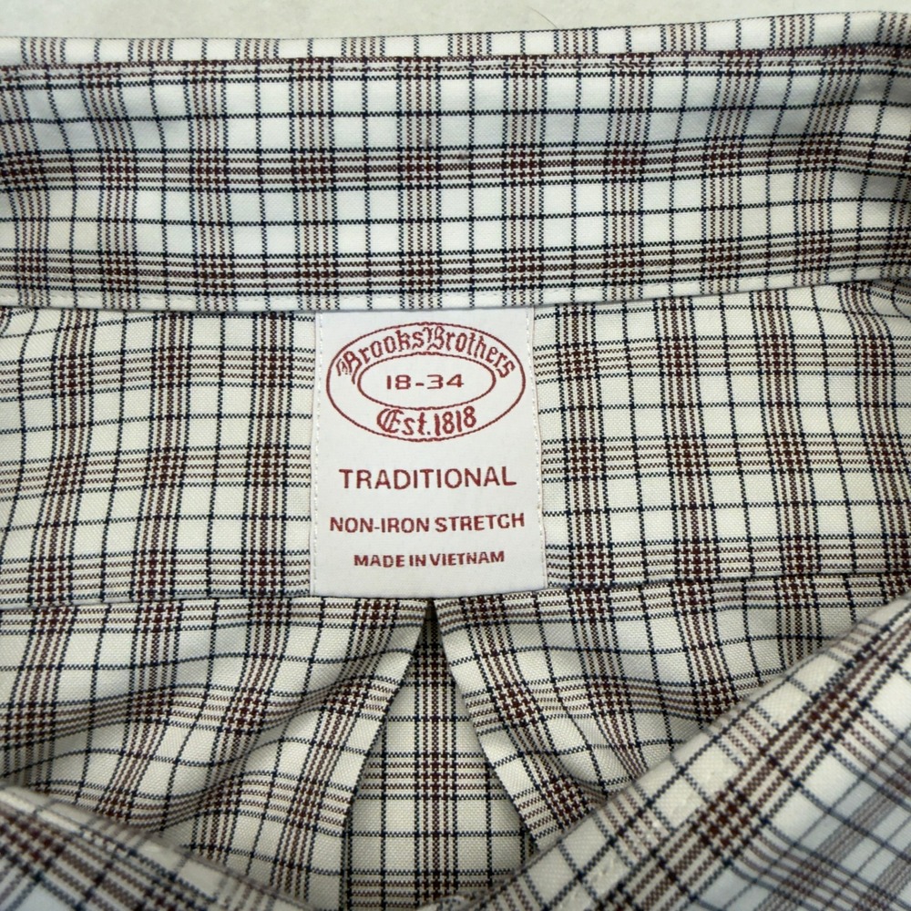 Brooks Brothers Mens 18 34 Traditional Dress Shirt Brown Check Non Iron - Picture 4 of 7